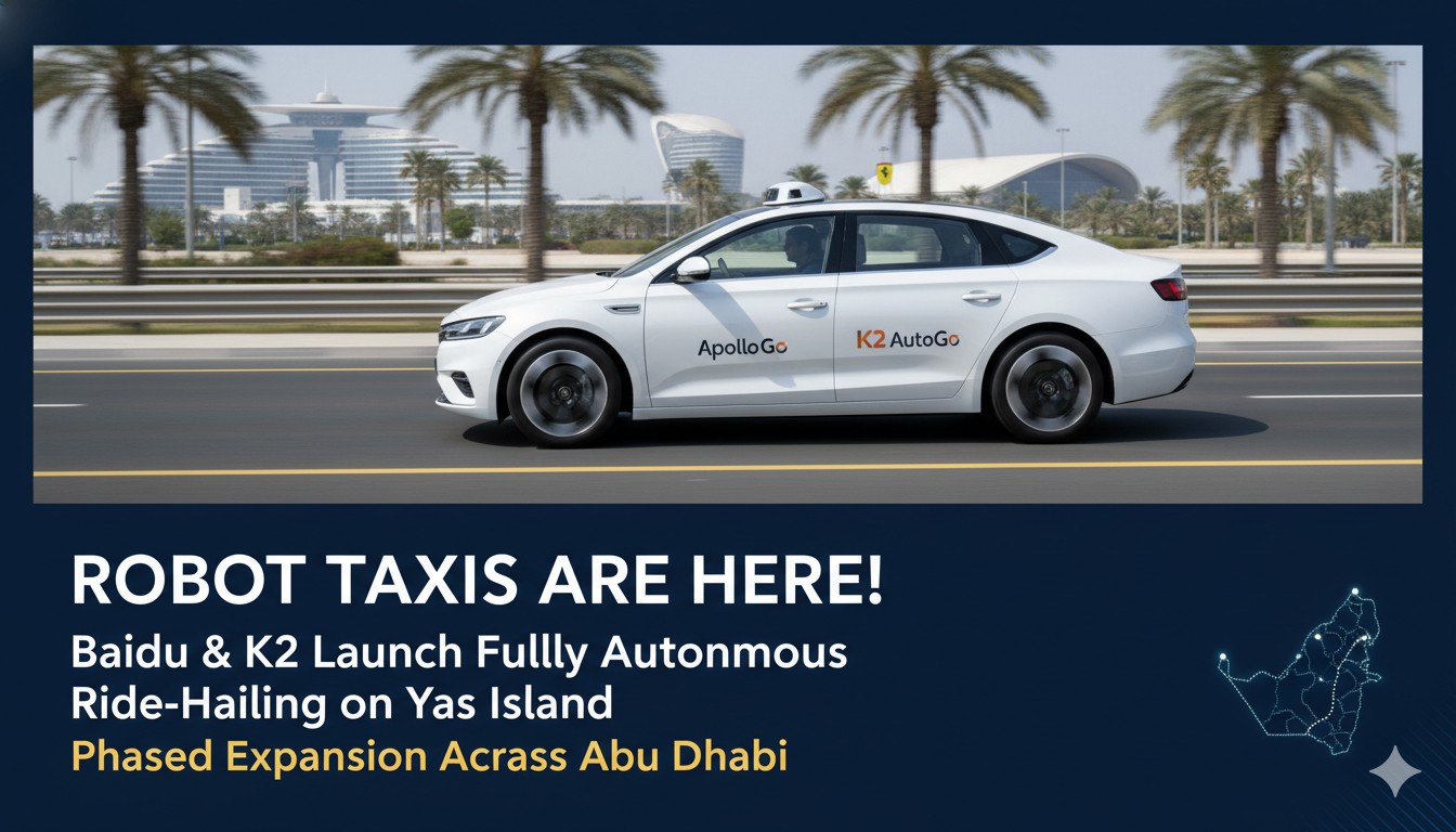 A modern autonomous vehicle from Baidu's Apollo Go service driving on the sunny roads of Yas Island in Abu Dhabi.