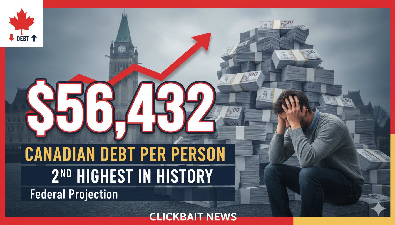 Illustration of Canadian dollar bills stacked high representing national debt burden