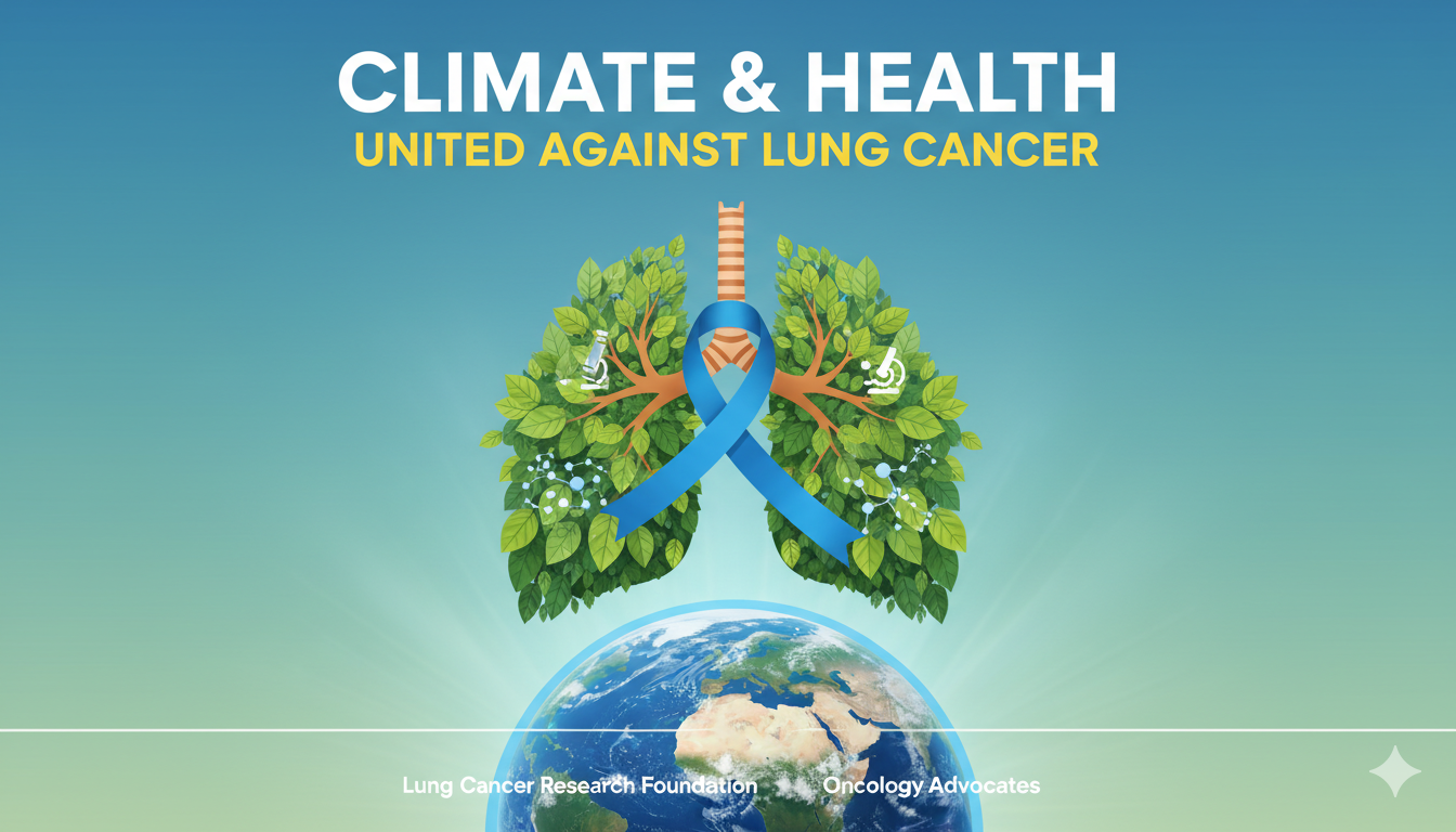 Conceptual illustration of human lungs surrounded by polluted air and climate elements