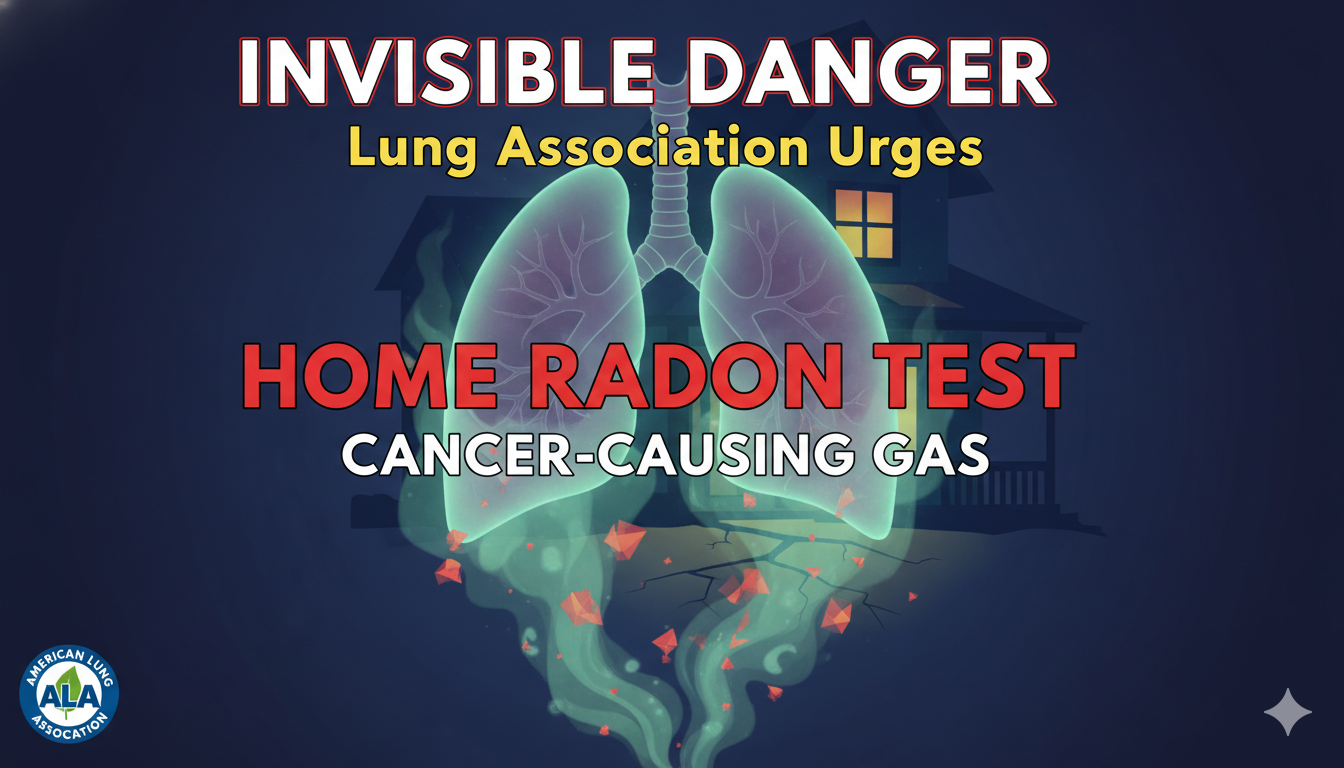 A close-up view of a home radon test kit placed on a basement floor, with detection device and instructions visible against cracked concrete.