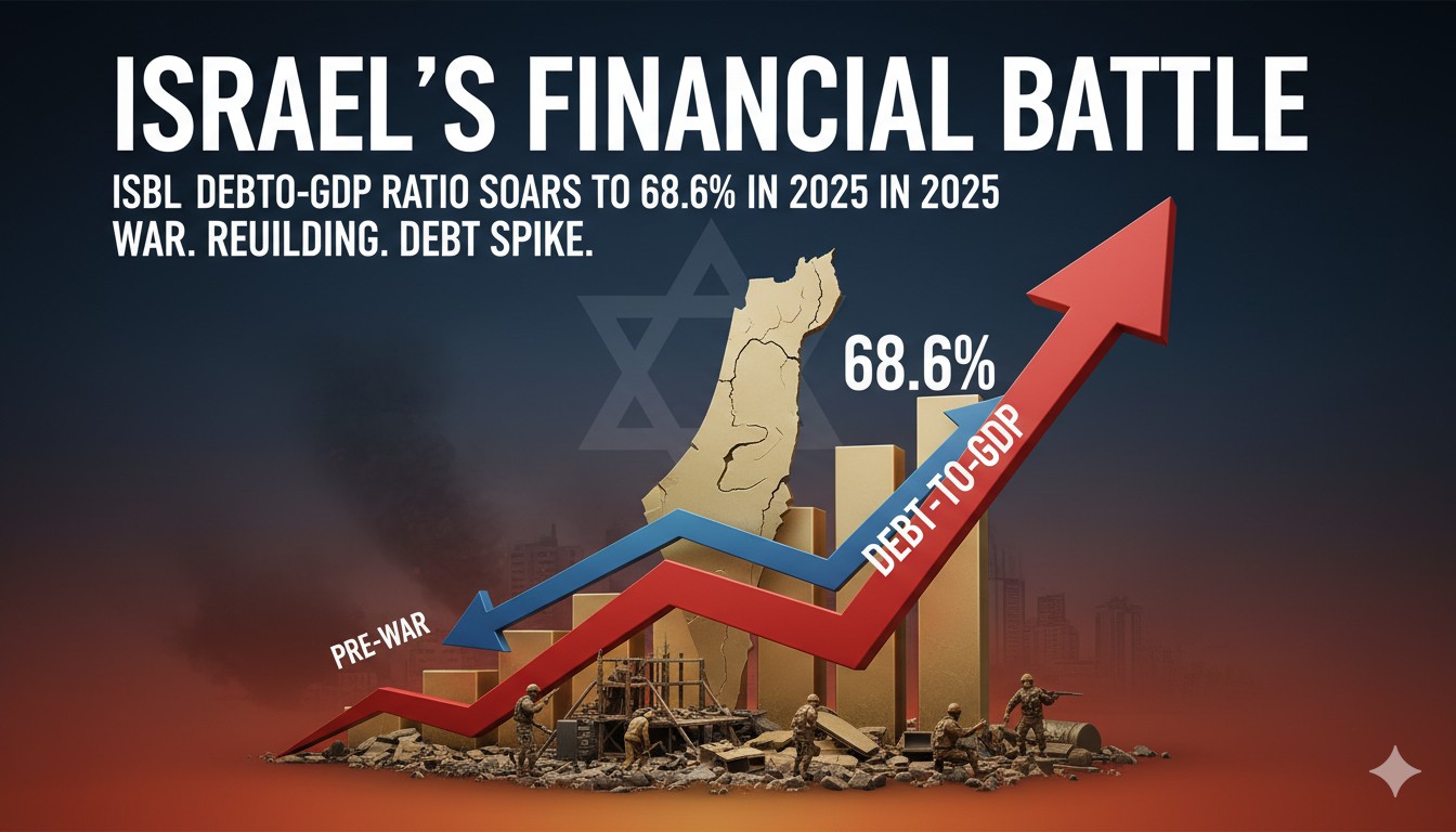 Line graph illustrating Israel's debt-to-GDP ratio rising to 68.6% in 2025 against a backdrop of military and economic symbols.
