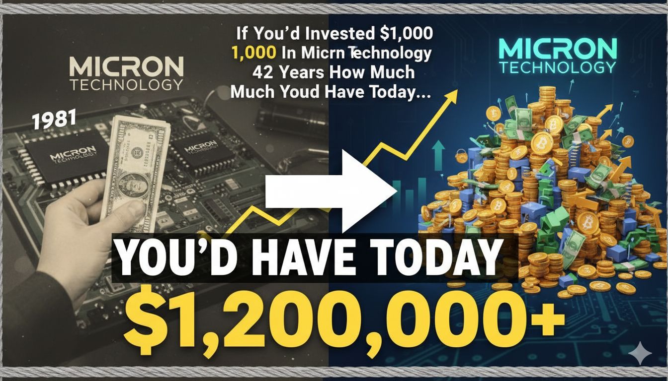 Line chart of Micron Technology adjusted stock price from 1984 to 2026 showing long-term upward trend