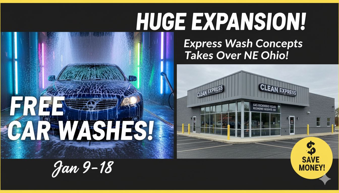 Modern car wash tunnel entrance with gleaming vehicles and promotional signage at a new facility in suburban Ohio.