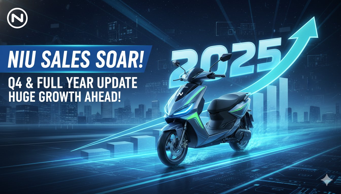 Electric scooters and motorcycles from Niu Technologies lined up in a modern urban setting