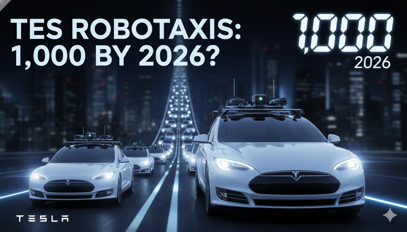 A fleet of sleek Tesla Cybercab robotaxis navigating a bustling urban street at dusk, showcasing autonomous technology in action.