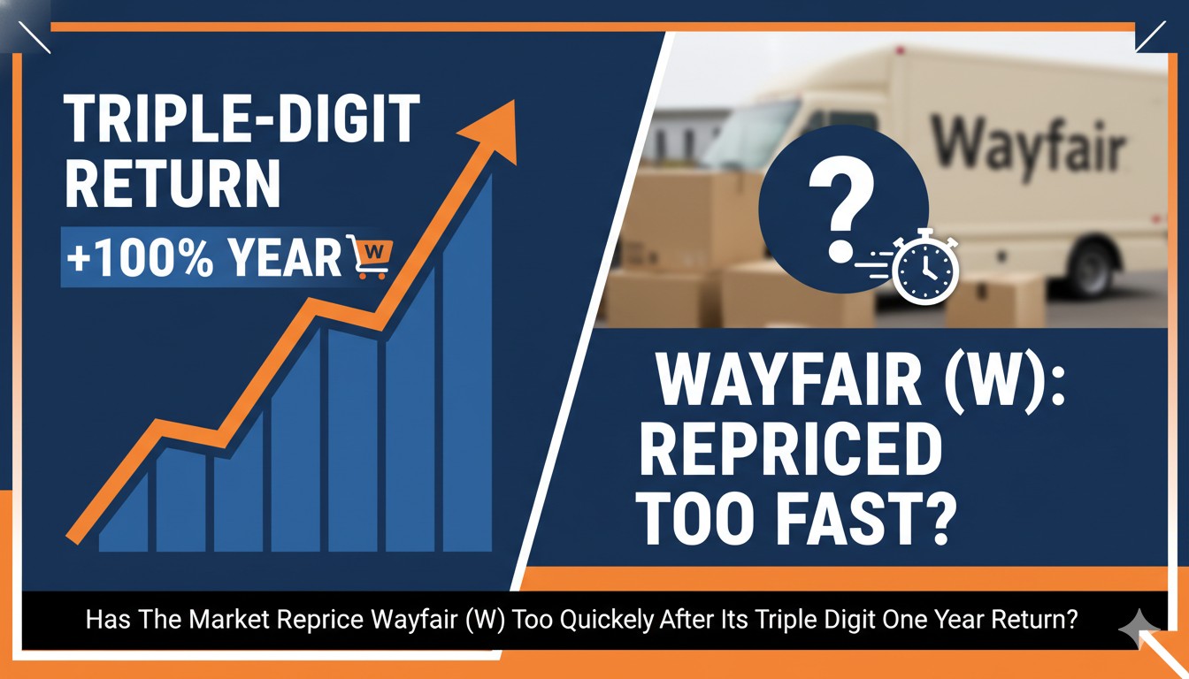 Wayfair stock chart showing dramatic one-year rally from low $20s to over $115 in early 2026
