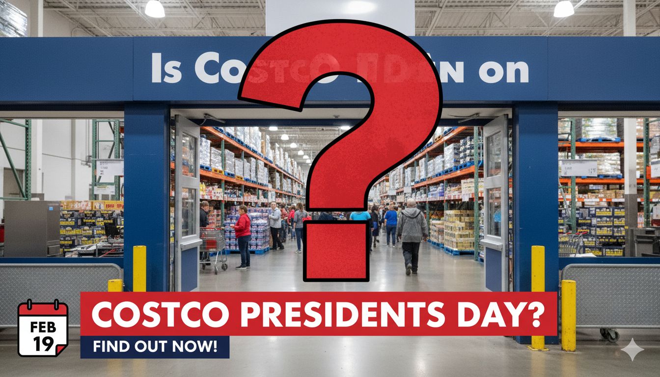 Exterior view of a busy Costco warehouse entrance on a winter day with American flags and members entering the store