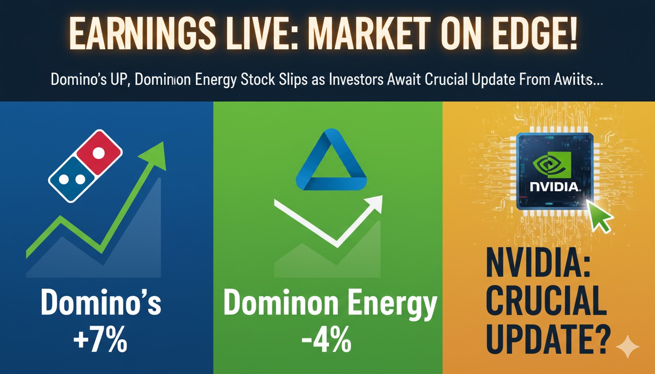 Stock market chart showing rising Domino's Pizza shares, declining Dominion Energy, and Nvidia logo with earnings anticipation