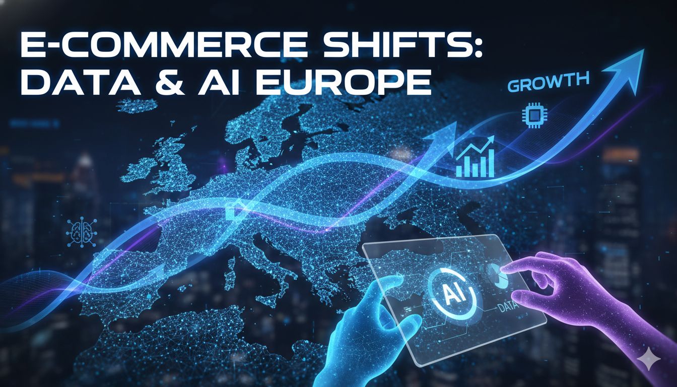 Map of Europe highlighting e-commerce growth hotspots in Central and Eastern Europe and the Nordics with percentage increases