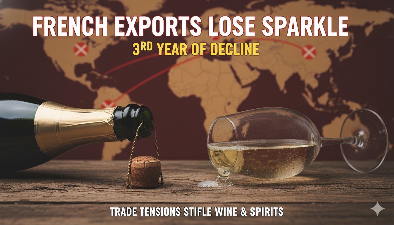 Bottles of French wine and cognac displayed on a wooden table with vineyard background, representing declining exports due to trade barriers