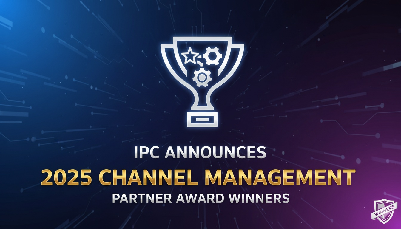 IPC Systems 2025 Channel Management Partner Award Winners trophy and logos of KDDI, MAKGROUP, TMG, and CREATELCOM