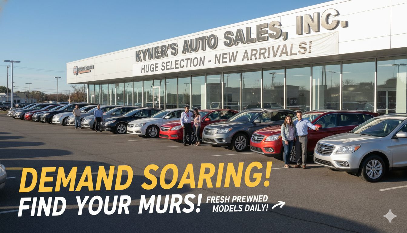 Aerial view of Kyner's Auto Sales lot in Chambersburg, Pennsylvania, showcasing rows of quality pre-owned cars, trucks, and SUVs under bright daylight