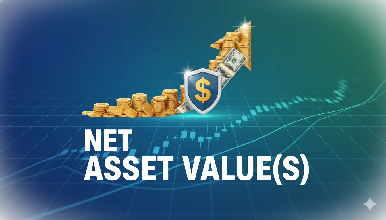 Illustration of a financial chart showing Net Asset Value (NAV) calculation for mutual funds and ETFs with assets, liabilities, and per-share value.