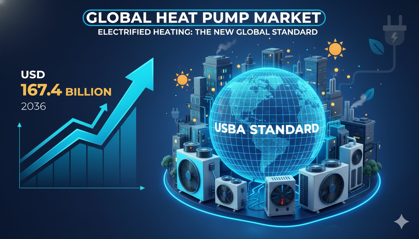 Modern heat pump system installed outside a contemporary building, symbolizing global market expansion in electrified heating.