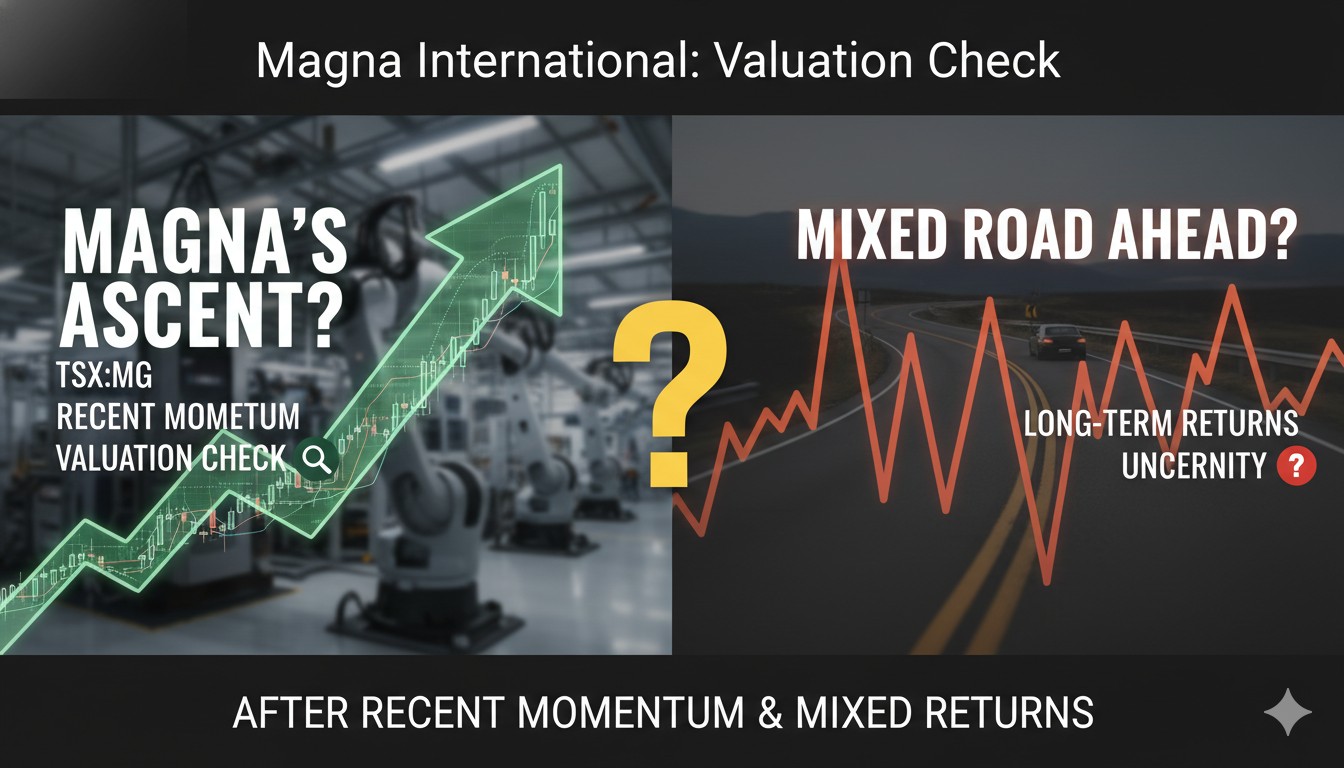 Alt Text for featured image : Chart showing Magna International TSX:MG stock price trend with recent upward momentum and key valuation metrics overlay.