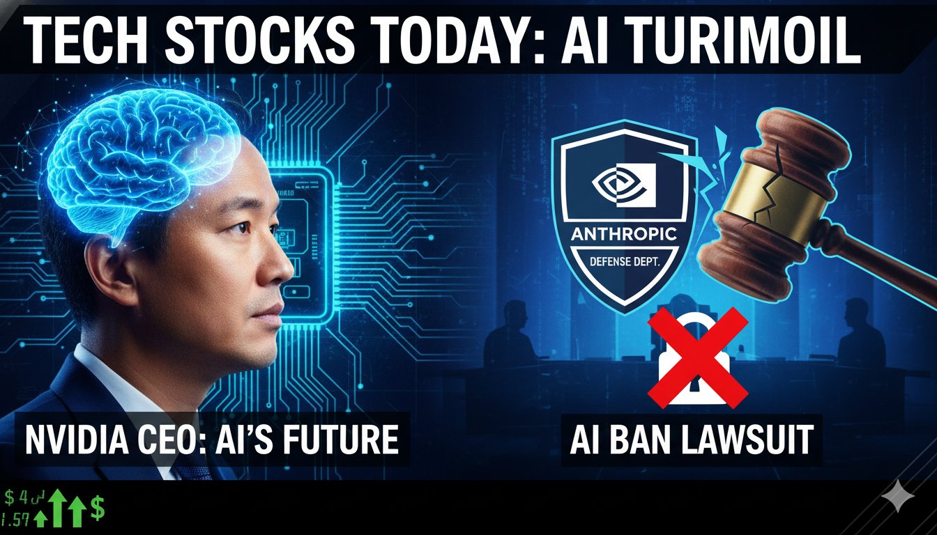 Stock market chart showing Nvidia shares and AI-themed graphics with headlines about Jensen Huang blog and Anthropic lawsuit