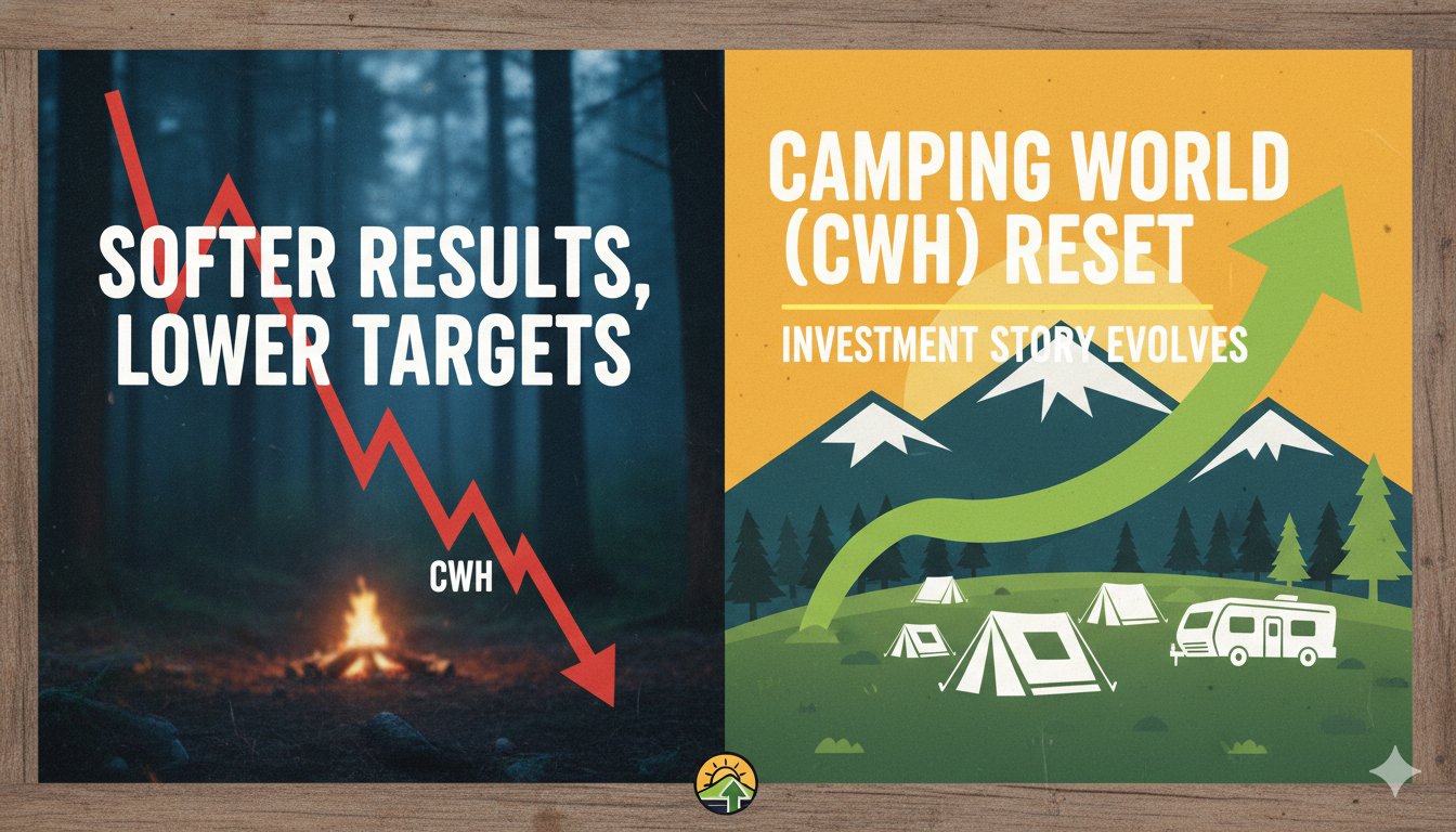 Chart showing Camping World Holdings (CWH) stock price decline after Q4 2025 earnings report with analyst price target adjustments