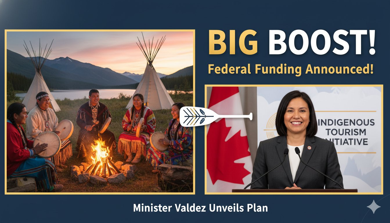 Minister Rechie Valdez speaking at an event announcing federal funding for Indigenous tourism projects in Canada.