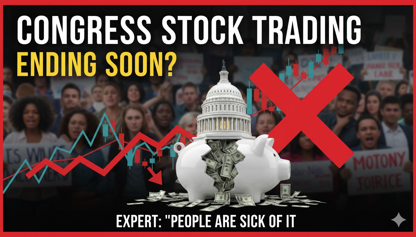 Illustration of U.S. Capitol building with stock market charts and prohibition symbols overlay, representing potential ban on congressional stock trading.