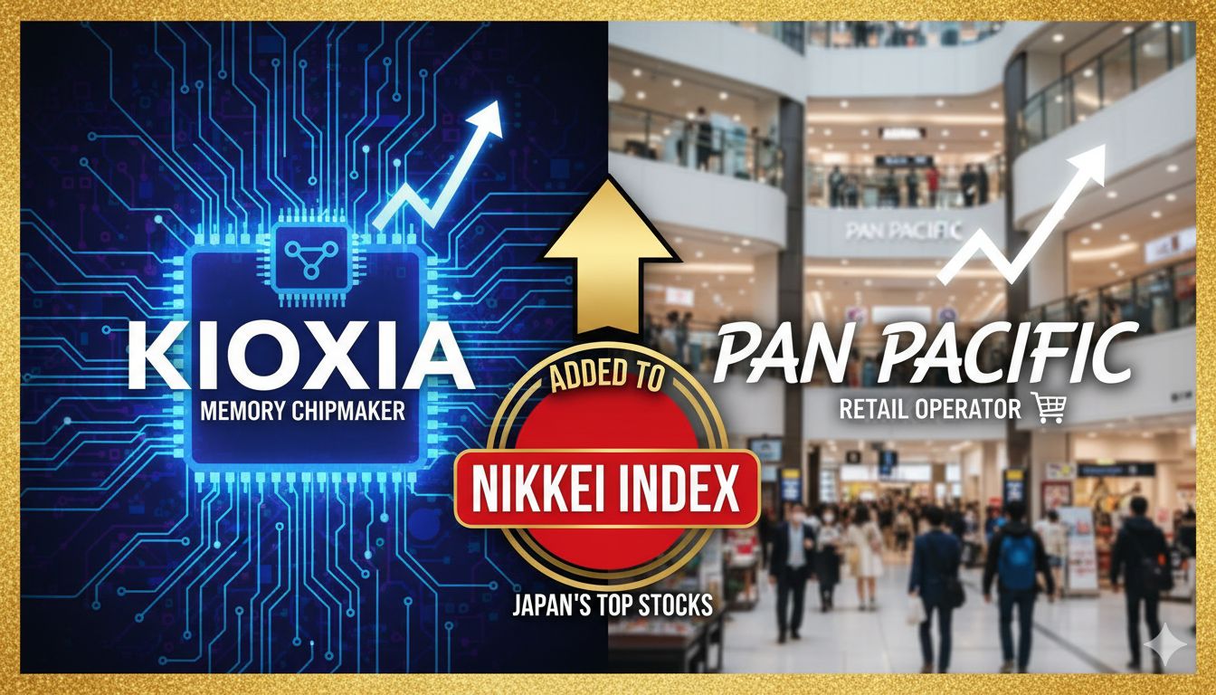 Japanese stock market chart showing Nikkei 225 index with Kioxia and Pan Pacific logos overlaid, representing recent index inclusion announcement.
