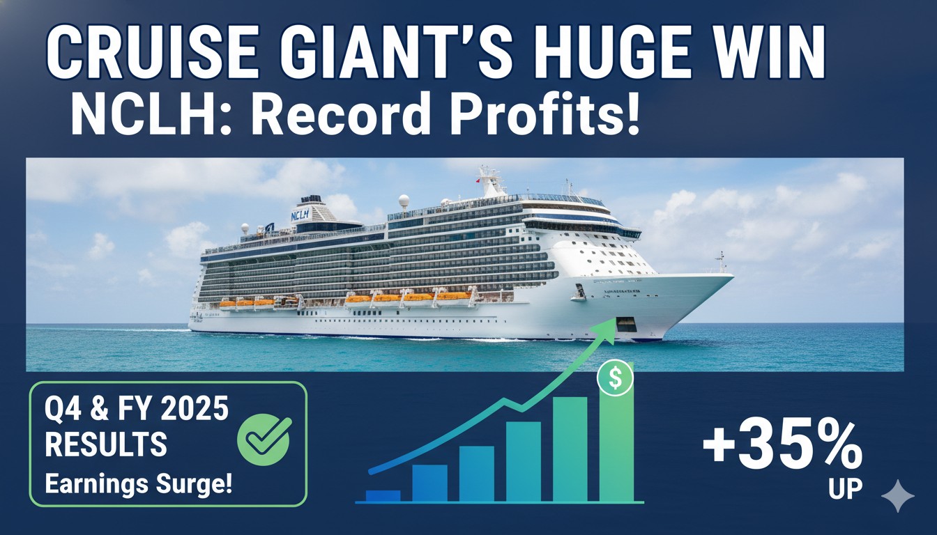 Norwegian Cruise Line Holdings ship sailing in open ocean with company logo overlay representing 2025 financial results announcement