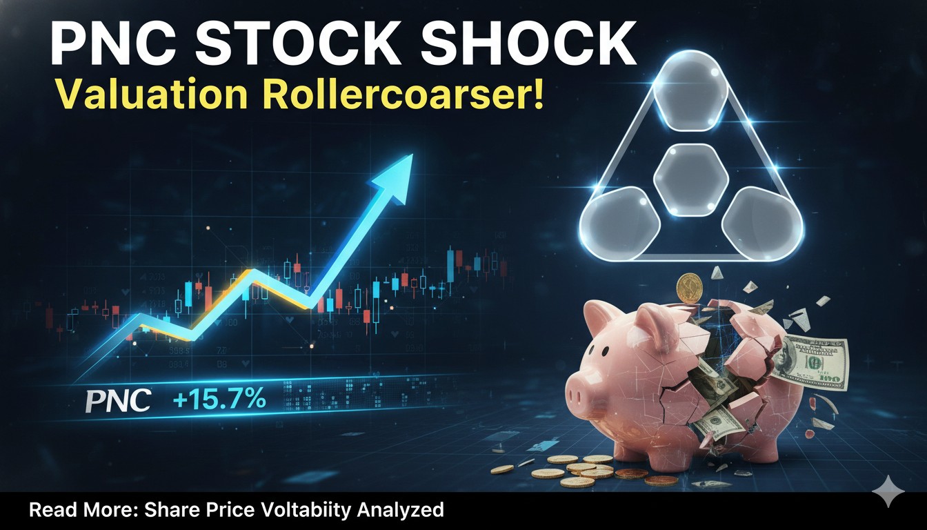Chart showing PNC Financial Services Group stock price trends and key valuation metrics like P/E ratio and dividend yield amid recent market volatility.