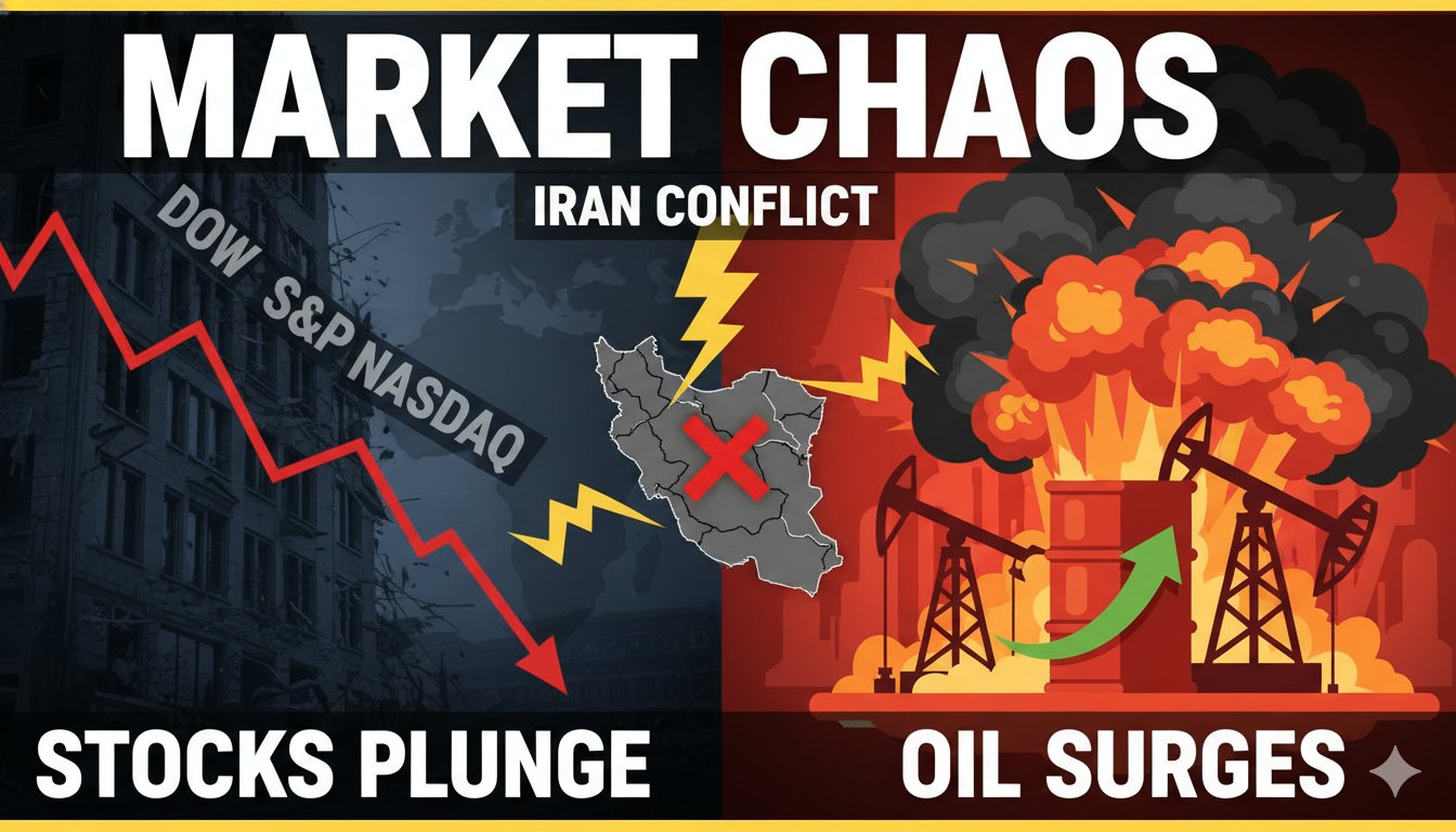 U.S. stock market futures charts showing declines in Dow, S&P 500, and Nasdaq alongside surging oil price graphs amid Iran conflict tensions