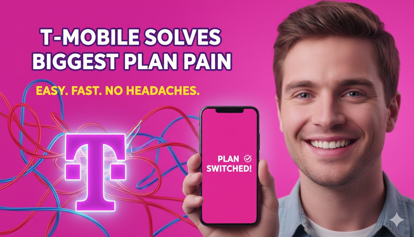 T-Mobile logo on a smartphone screen displaying the T-Life app plan comparison interface