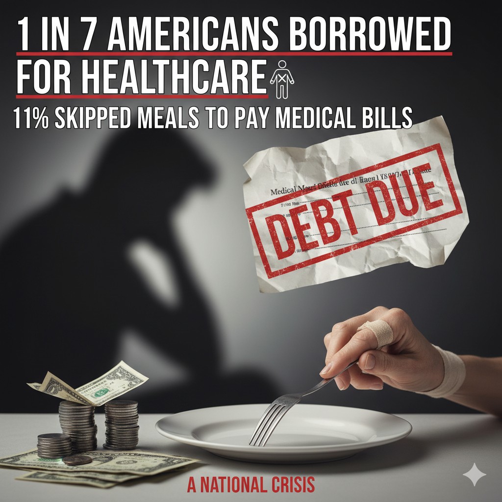 Alt Text for featured image : Illustration of an American family looking worried at medical bills and empty wallet, symbolizing healthcare affordability struggles.