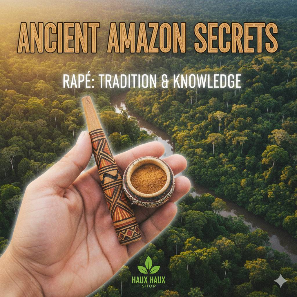 Close-up of traditional Amazonian rapé snuff powder in a wooden bowl with ceremonial pipe and sacred plant elements in background