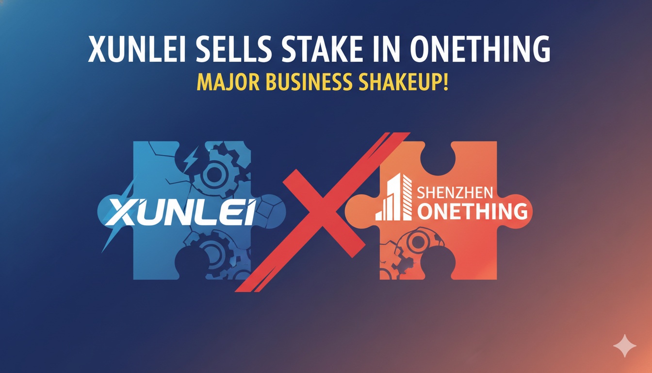 Xunlei Limited logo with abstract digital cloud network and equity transfer concept representing the disposition of stake in Shenzhen Onething Technology.